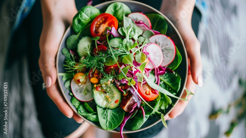 Healthy fresh salad in hands, inviting and nutritious.