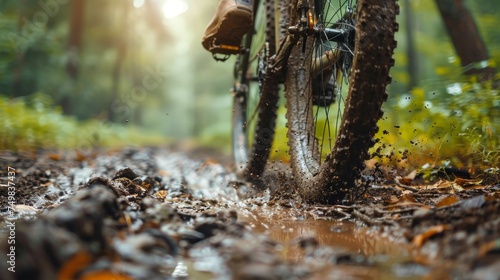 Close-up action shot of a mountain bike tire rolling through a muddy puddle, sending droplets flying in a forest trail. photo