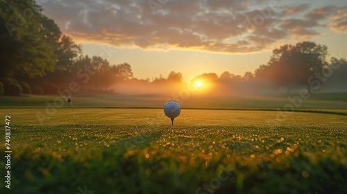 The sun rises over a tranquil golf course, a golf ball perched on a tee against the backdrop of a dew-kissed green and a serene dawn sky. photo