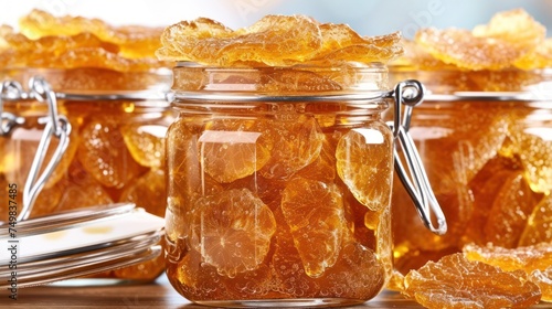 a close up of a jar of honey with a spoon on the side of the jar and another jar of honey on the other side of the jar. photo