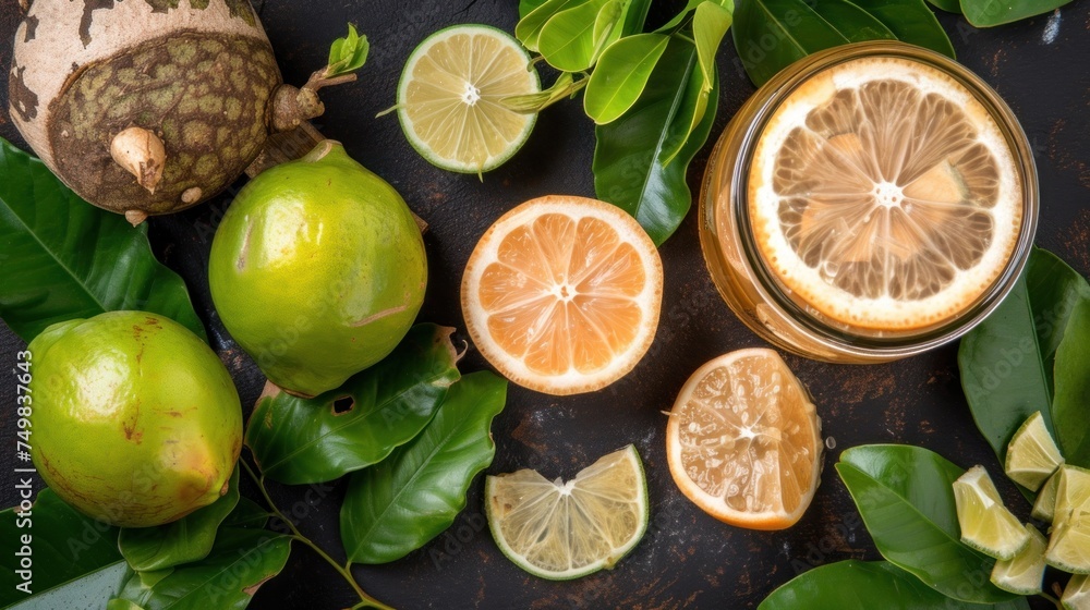 limes, oranges, and other fruits are arranged on a black surface with leaves and leaves around them.