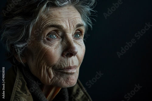 older woman posing with an expression of contemplation in front of the camera