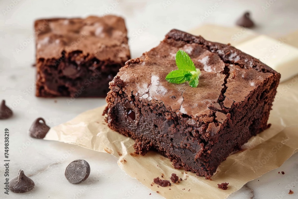 Delicious brownies with melted chocolate and mint. Dessert concept Concept with Copy Space. Sweets.