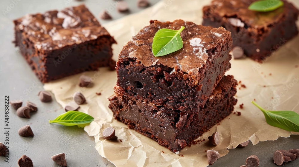 Delicious chocolate brownies on table, closeup. Delicious dessert. Dessert concept Concept with Copy Space. Sweets.