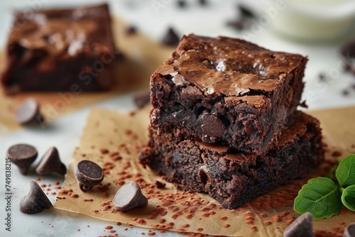 Delicious brownies with melted chocolate and mint. Dessert concept Concept with Copy Space. Sweets.