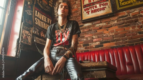 Stylish Young Man with Leather Jacket Seated in Urban Bar Setting with Vintage Posters in the Background photo