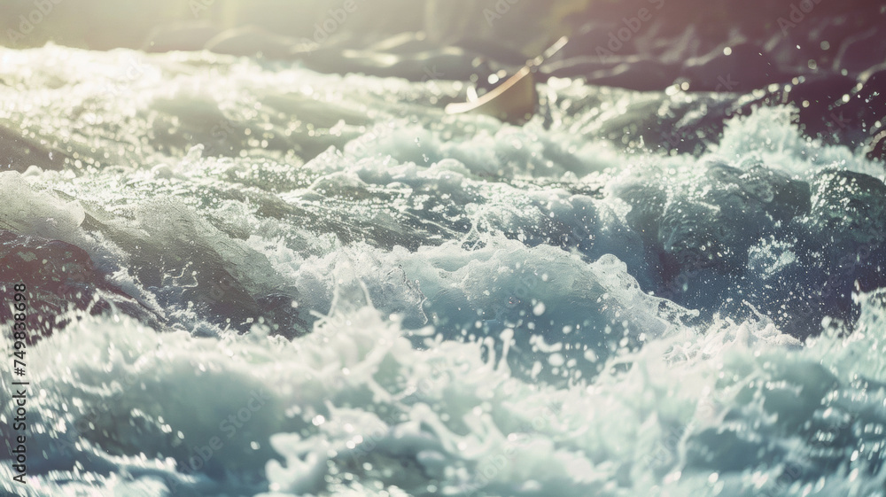 Sunbeams dance on the tumultuous surface of a river.