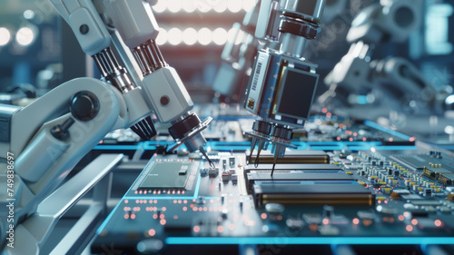 Precision robotics arms engaged in manufacturing microelectronics.