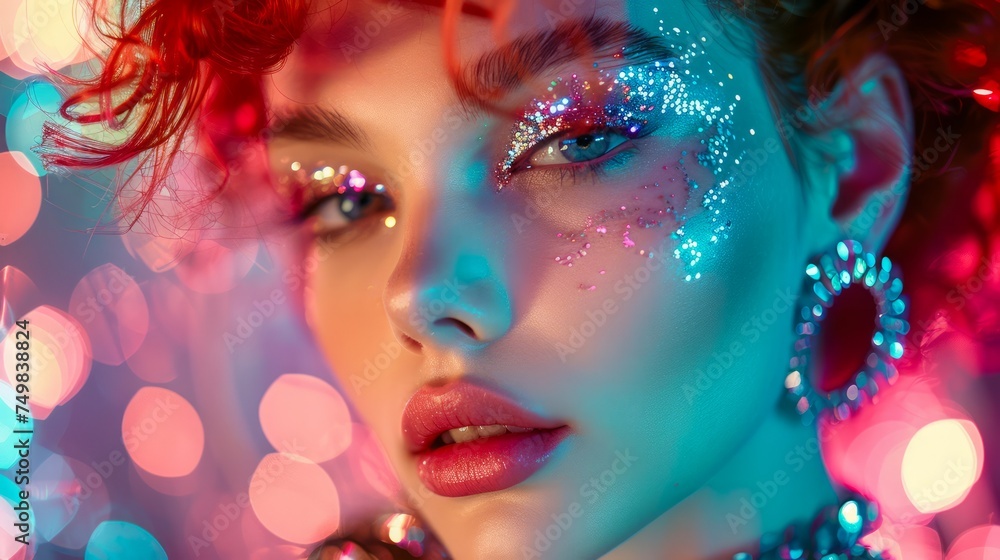 Vibrant Fashion Model with Glitter Makeup and Colorful Lights Background Vibrant Fashion Model with Glitter Makeup and Colorful Lights Background