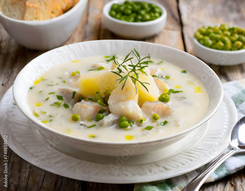 hearty bowl of Cullen Skink, a traditional Scottish soup, served with grilled bread on a rustic wooden table, suggesting a homemade meal
