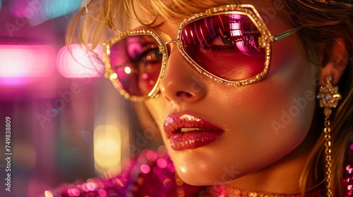 Glamorous Woman with Sparkling Makeup and Sunglasses Illuminated by Neon Lights in a Nightlife Setting