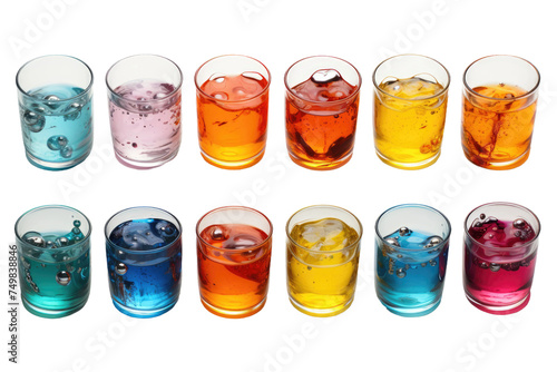 Group of Glasses Filled With Different Colored Liquids. Several glasses filled with various colored liquids are seen in the image. Each glass contains a unique hue.