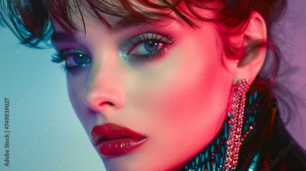 Close-Up Portrait of a Model with Glamorous Makeup and Sparkling Earrings - High Fashion Concept