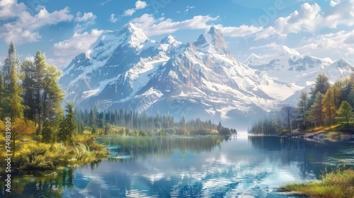 Mountain Lake Mirror of Snow capped Peaks © MSS Studio