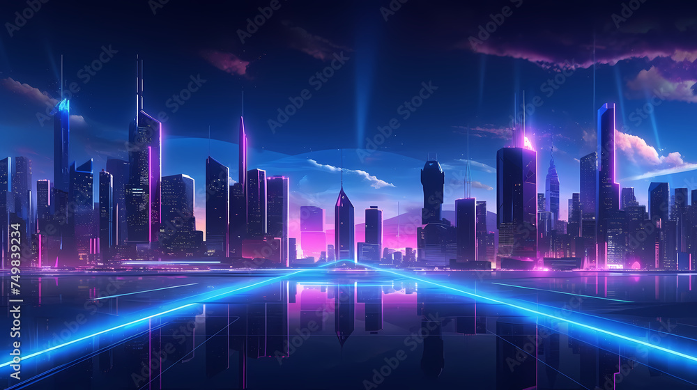 Professional photography of city with bright lights at night