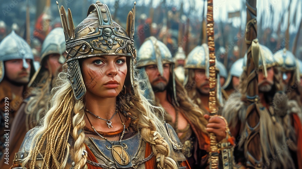 Majestic Female Warrior in Ornate Helmet with Army Background in Historical Costume Drama Scene Majestic Female Warrior in Ornate Helmet with Army Background in Historical Costume Drama Scene