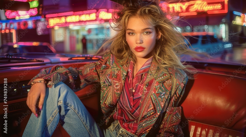 Stylish Young Woman Posing in Retro Jacket at Neon-Lit Urban Setting for Fashion Photography Shoot