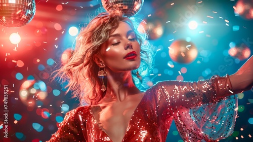 Glamorous Young Woman in Sparkling Red Dress Enjoying Party Atmosphere with Disco Balls and Confetti