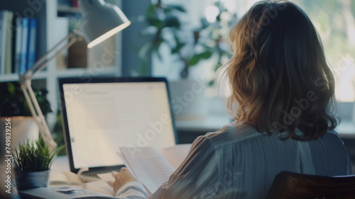 Woman working late, engrossed in research with computer in a home office.