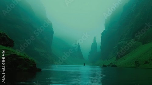 a man standing in the middle of a river in the middle of a mountain range in a foggy day.