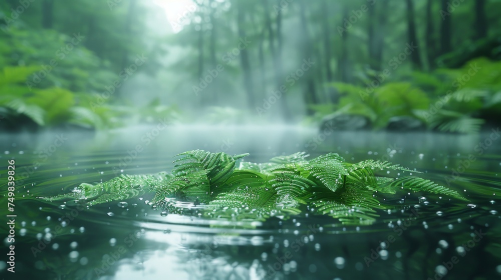 a leaf floating on top of a body of water next to a forest filled with lots of green leafy plants. a leaf floating on top of a body of water next to a forest filled with lots of green leafy plants.