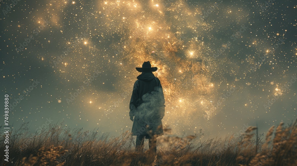 a man in a cowboy hat standing in a field of tall grass looking up at the stars in the sky. a man in a cowboy hat standing in a field of tall grass looking up at the stars in the sky.