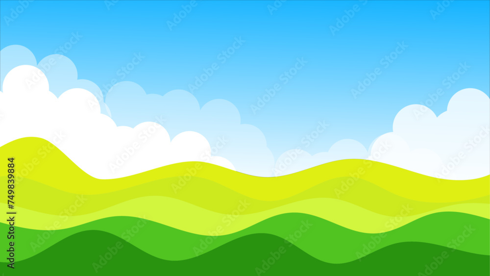 Green Mountain landscape lawn view with white clouds and blue clear sky background vector illustration.