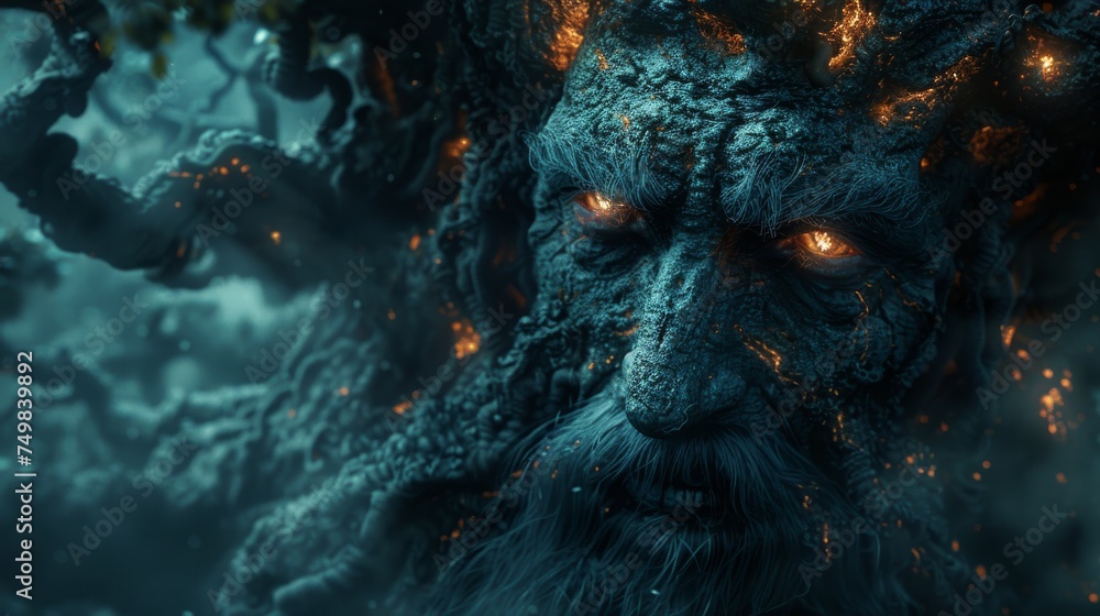 a close up of a face with fire coming out of it's eyes and a tree in the background.