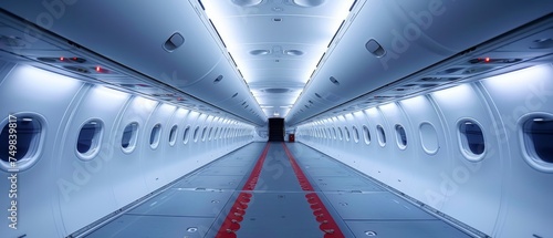 a view of the inside of an airplane from the inside of the plane, looking down at the aisle and windows. photo