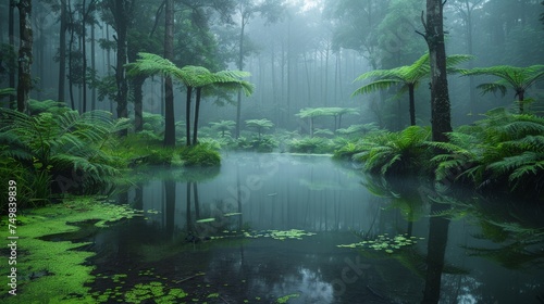 a pond in the middle of a forest filled with lots of green plants and a forest filled with lots of tall trees. photo