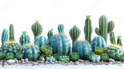 a group of cactus plants sitting next to each other on top of a pile of rocks next to a body of water.