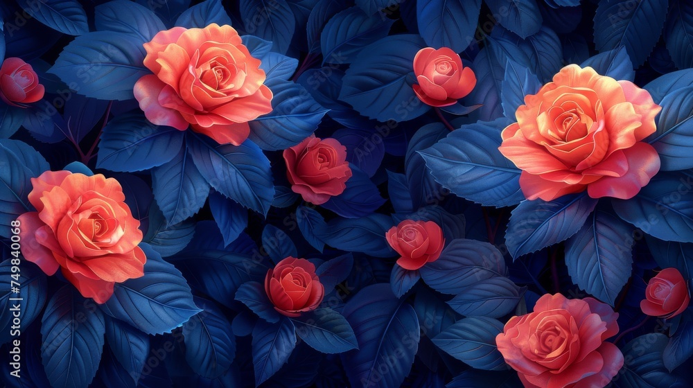 a close up of a bunch of red roses with blue leaves on a dark blue background with a red rose in the middle of the middle of the picture.