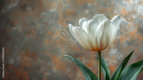 a close up of a white flower in a vase with a blurry wall in the back ground behind it.