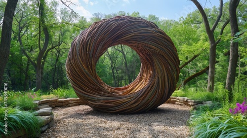 a sculpture in the middle of a park with trees in the background and bushes in the middle of the park.