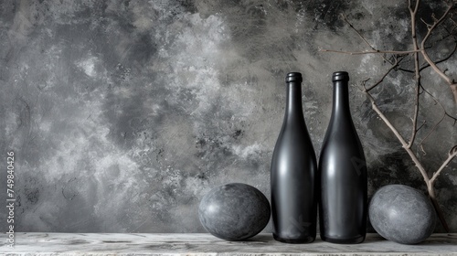 a couple of black bottles sitting on top of a table next to two balls and a twig in front of a wall. photo