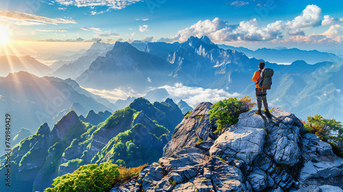 Top of the World: Hiker Admiring the Panoramic View from a Mountain Peak at Sunrise photo