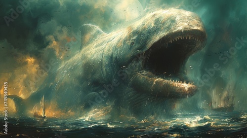 a giant shark in the middle of a body of water with it's mouth open and it's mouth wide open.