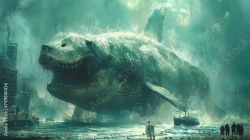 a giant fish in the middle of a body of water with a man standing on the other side of it. photo