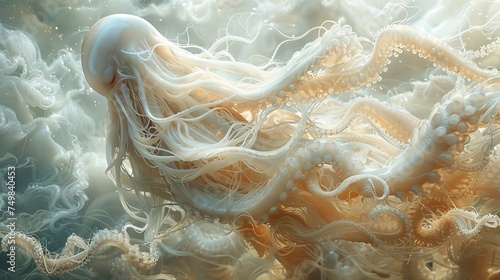 a painting of a jellyfish floating in a body of water with a lot of bubbles on the bottom of it. © Jevjenijs