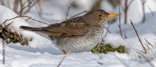 a brown and white bird is standing in the snow by some grass and snow on the ground and snow on the ground.