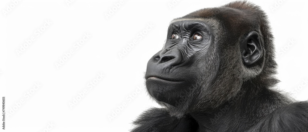 a close - up of a gorilla's face looking up at something in the distance with a white background.