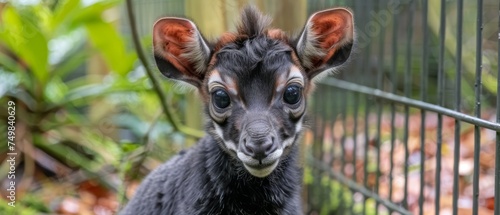 a close up of a small animal in a fenced in area with trees and plants in the back ground. photo