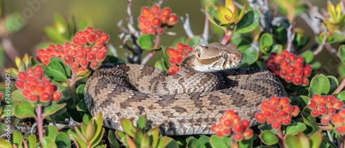 a close up of a snake on a plant with red flowers in the foreground and a blurry background. photo