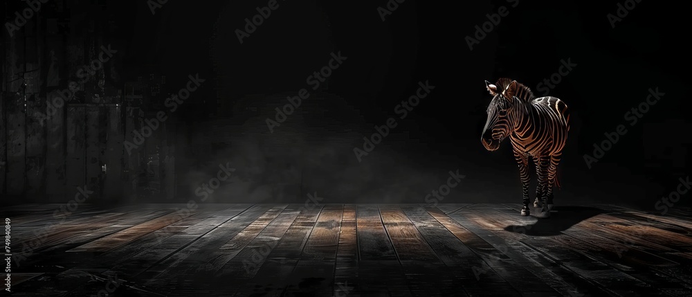 a zebra standing on top of a wooden floor in a dark room with beams of light coming from the ceiling.