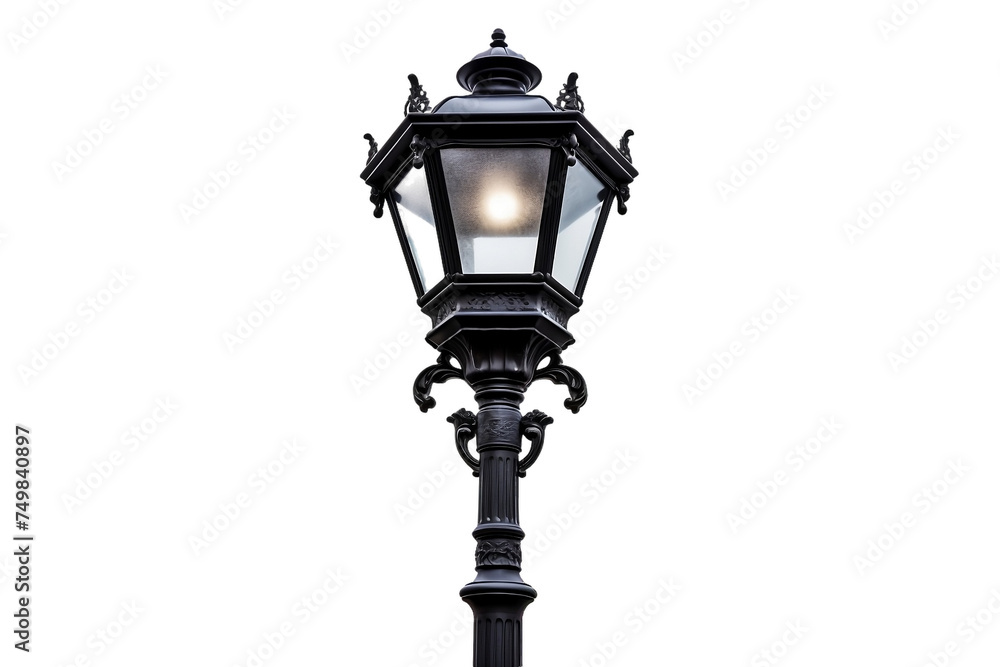 This image features a black lantern with a post that is isolated on a white background.