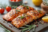Grilled salmon fillets with herbs and spices on wooden board, embodying fresh, gourmet seafood cuisine