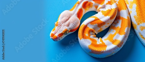 a large orange and white snake laying on top of a blue and white surface with it's tail curled up. photo