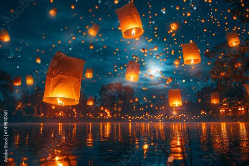 Lantern festival with glowing lanterns rising into the night sky, evoking warmth, celebration, and tradition