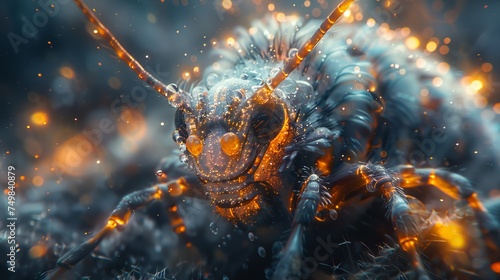 a close up of a bug with a lot of bubbles on it's face and a blurry background. © Jevjenijs