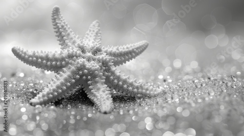 a black and white photo of a starfish in the sand with water droplets on the sand and a blurry background.